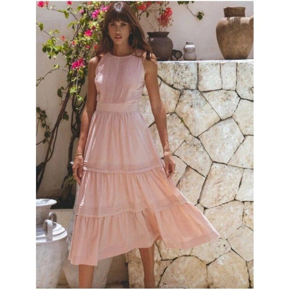 Pampelone Pink Pleated Tiered Cotton Midi Dress Sleeveless Tie Back Small
